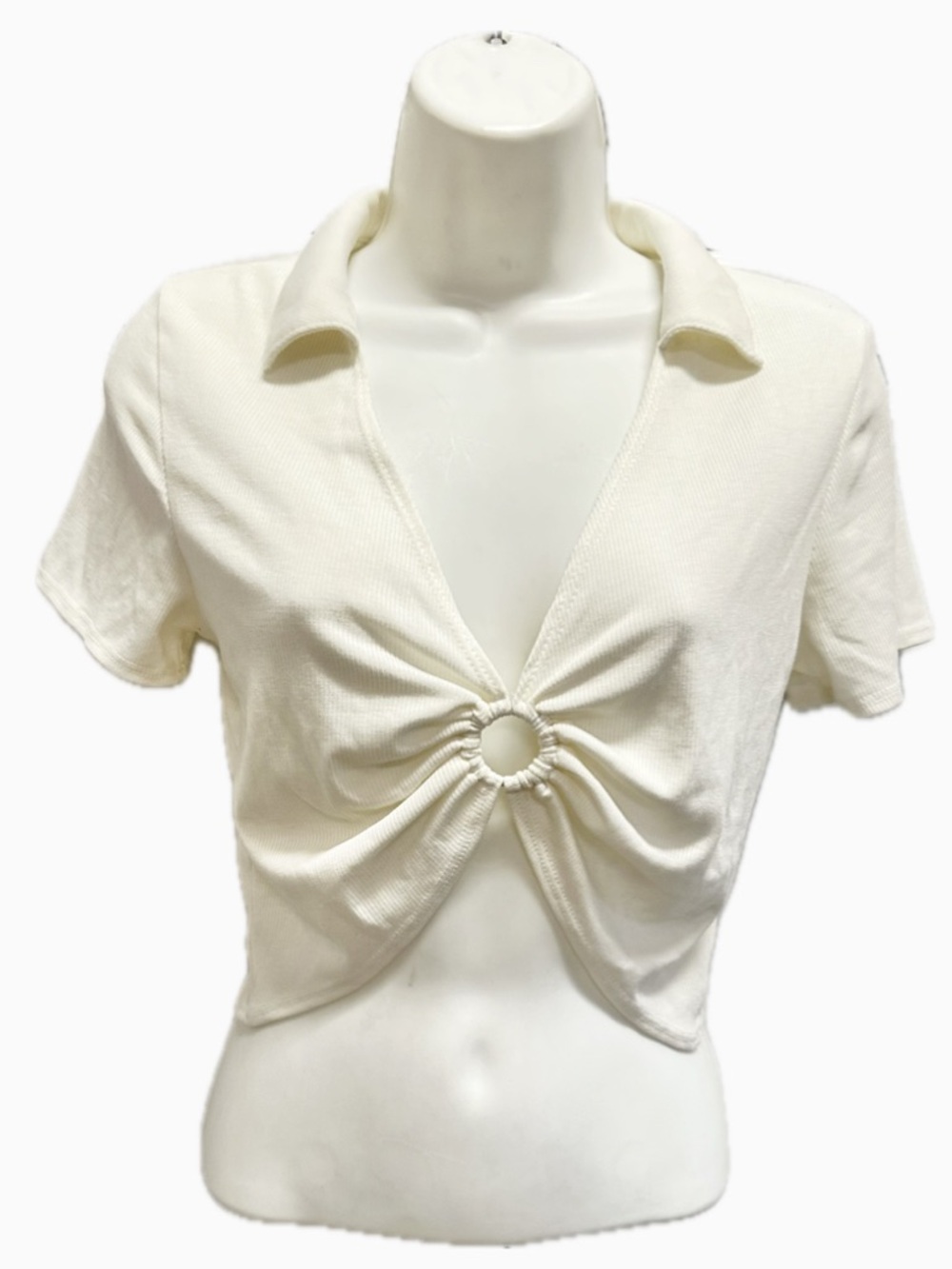 Women's Off White Cream Ring-Front Crop Top